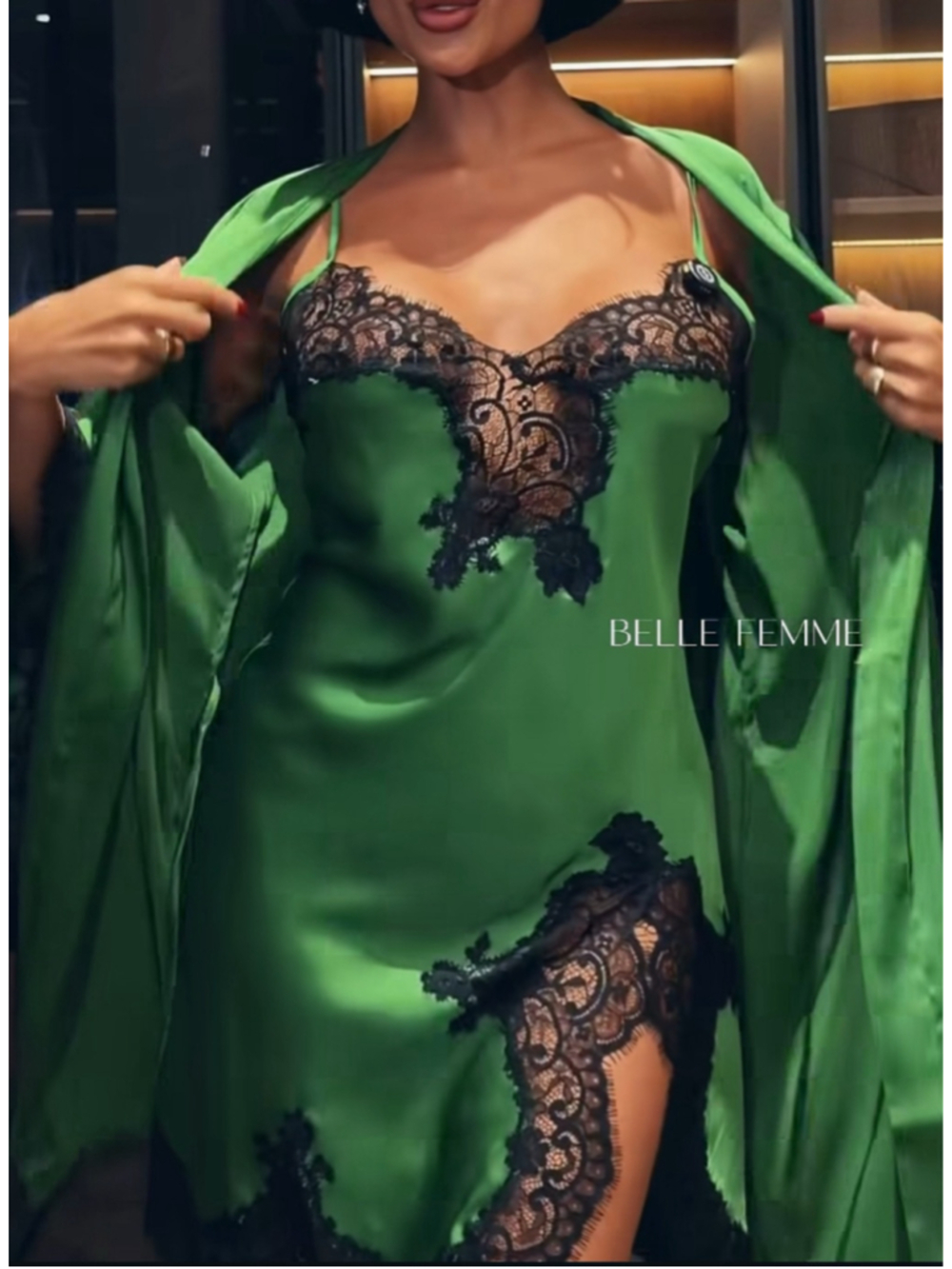 Women's Belle Femme Green & Black Lace Chemise & Robe Set, size XL new w /tags